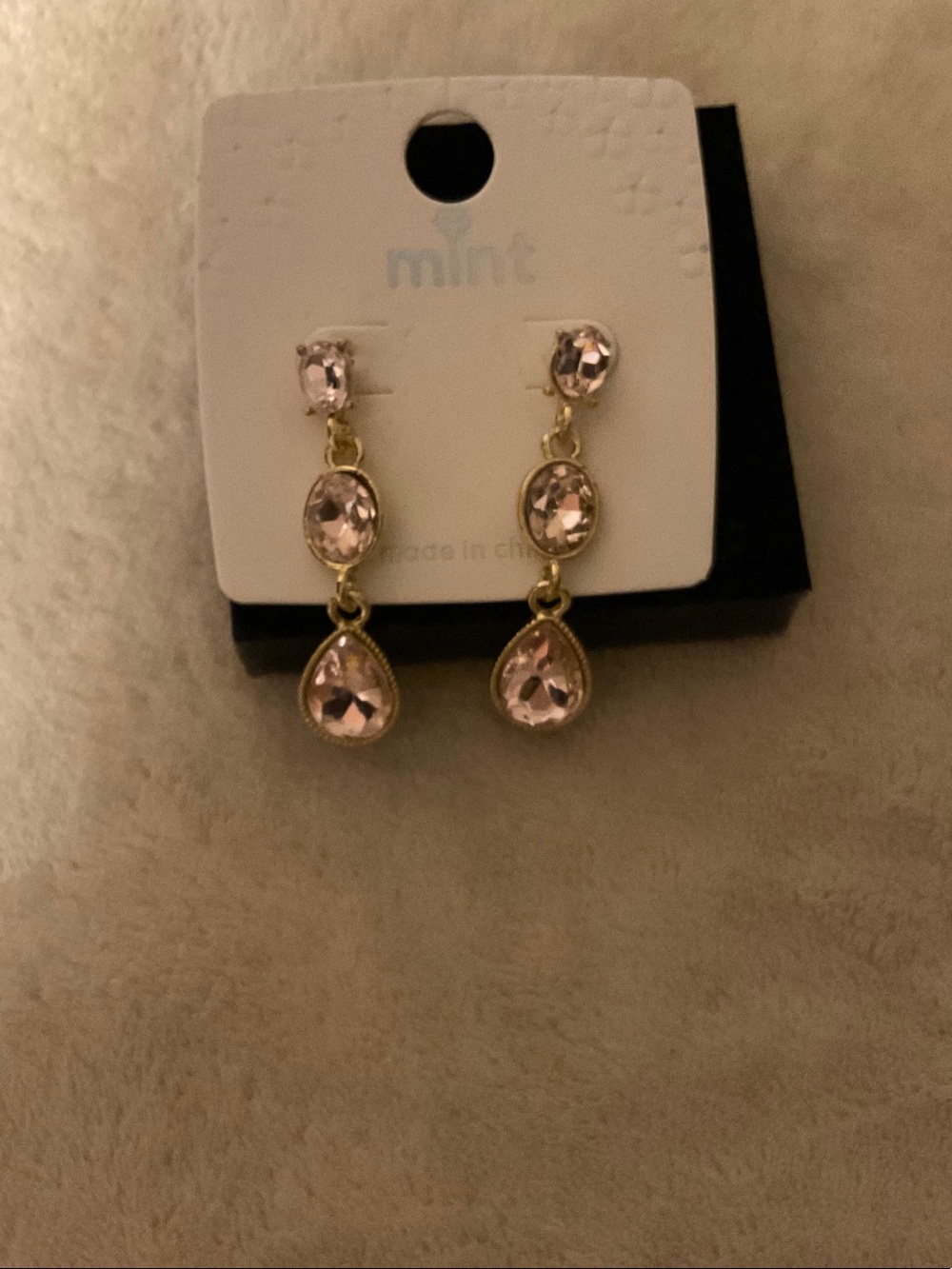 Mint Gold-Tone Dangle Earrings with Light Pink Crystals